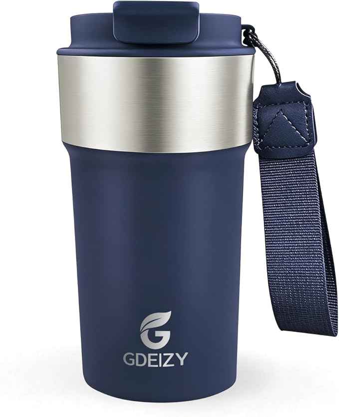 Insulated Coffee Mug, 17oz Stainless Steel Travel Mug with Flip-Top Straw Lid, Leak Proof Vacuum Insulated Tumbler, Reusable Coffee Cup for Hot & Cold Drinks, Dark Blue