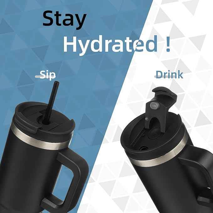 Konokyo 40 oz Tumbler with Handle and 2 Straws,2 in 1 Lid Insulated Water Bottle Stainless Steel Travel Coffee Mug,Black