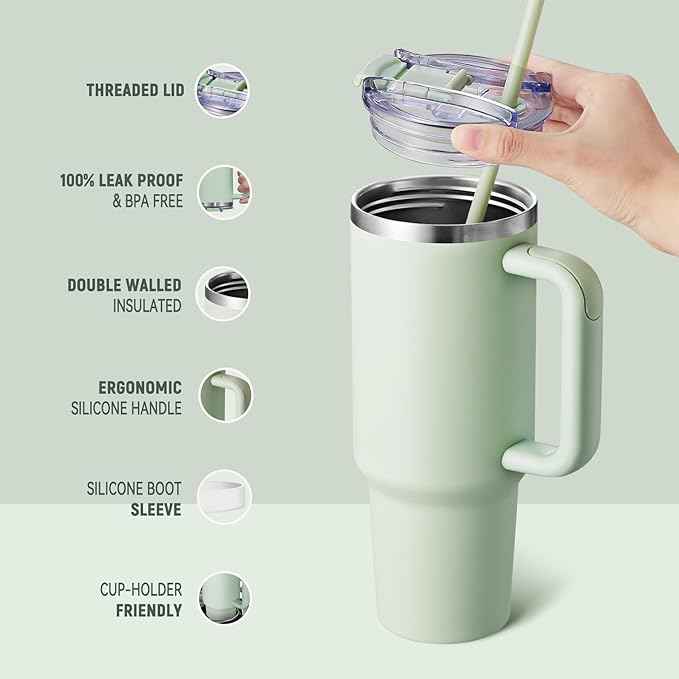COKTIK 40 oz Tumbler With Handle and Straw, Insulated Tumbler With Leakproof Lids, Stainless Steel|BPA-Free, Cold for 24 H (Seafoam)