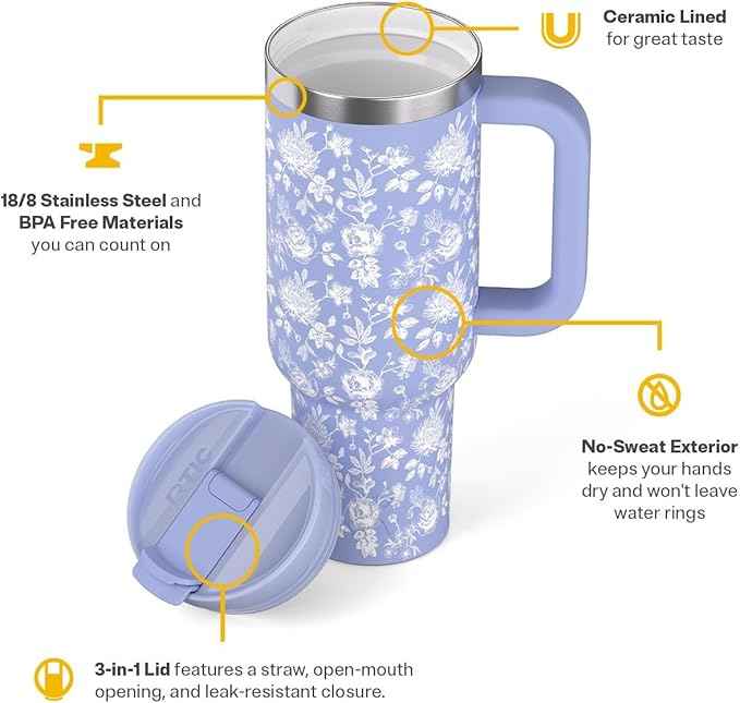 RTIC 40 oz Road Trip Tumbler Double-Walled Cermaic Lined Insulated Stainless Steel Portable Travel Coffee Mug Cup with Lid, Handle and Straw, Periwinkle Bouquet