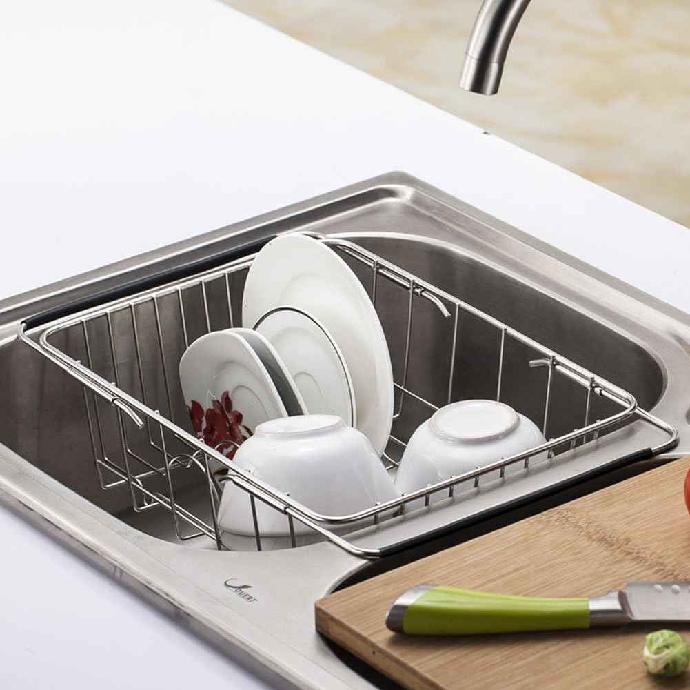 Adjustable Over Sink Dish Drying Rack Stainless Steel Dish Drainer, On Counter or in Sink Dish Rack, Deep and Large- Rustproof