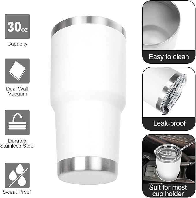 30 oz Tumbler with Lids and Straws Double Wall Insulated Tumbler Cup,Stainless Steel Leak-proof Thermal Coffee Tumbler Powder Coated Travel Mug for Cold and Hot Beverages,White