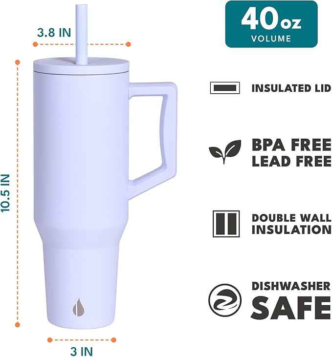 Elemental 40 oz Tumbler with Handle and Straw - Spill Proof Insulated Stainless Steel Commuter for Cold Beverages - Travel Coffee Mug with 2 Straws & Spill Proof Lid - 40oz - Ice Blue