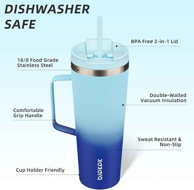 BJPKPK Insulated Tumbler with Handle, 26oz Insulated Tumblers with Lid and Straw, Stainless Steel Metal Water Bottles, Coffee Travel Mugs, Cups, Sky