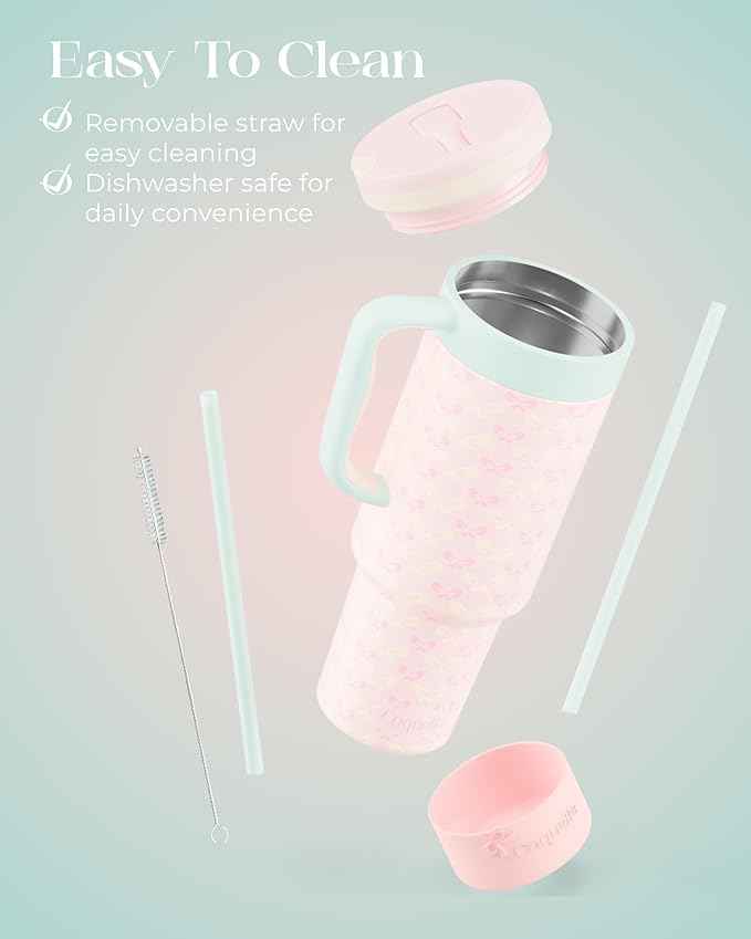 40 oz Insulated Tumbler with Handle and Push-Button Straw Lid, Stainless Steel Travel Cup for Gym Office, Leakproof, BPA-Free, Cup Holder Friendly, Bow Silicone Boot, Pink (Coquette Bloom)