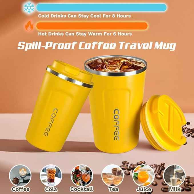 SPLMIFA Travel coffee mugs leak-proof, reusable coffee cup with lid, stainless steel vacuum insulated coffee tumblers, thermal insulation cups for men & women keep drinks hot & cold (2nd-Yellow, 12OZ)