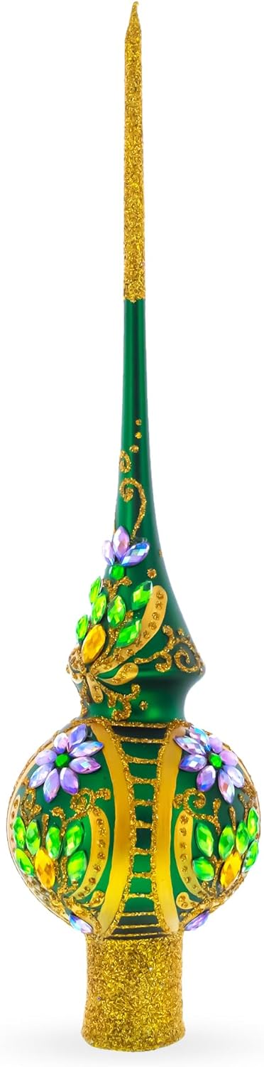 Enchanted Emerald Jeweled Green Blown Glass Christmas Tree Topper 11 Inches