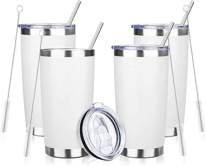 20oz Tumbler with Straw and Brush, Stainless Steel Vacuum Insulated tumbler, Double Wall Insulated Coffee Tumbler for Outdoor, Home, Travel,Office (White,4pcs)