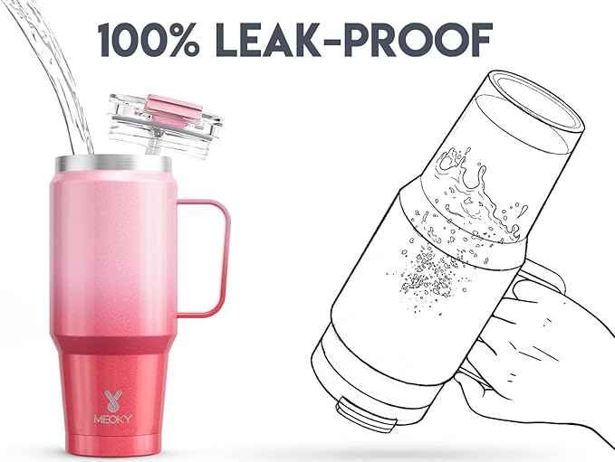 Meoky 32 oz Tumbler with Handle, Insulated Tumbler with Lid and Straw, Stainless Steel Travel Mug, 100% Leak Proof, Keeps Cold for 24 Hours or Hot for 8 Hours, Fits in Car Cup Holder (Flamingo)