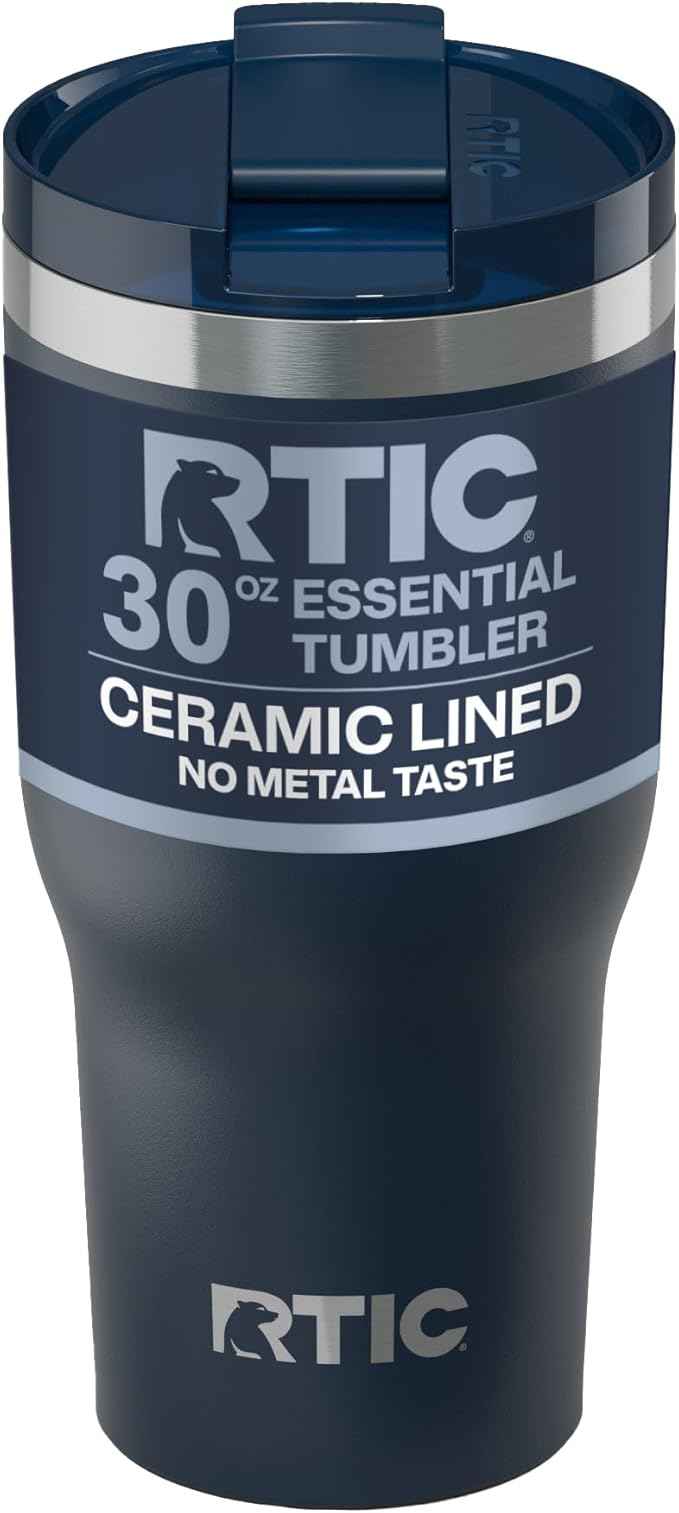 RTIC 30oz Essential Tumbler with Lid, Ceramic Lined, Insulated, Stainless Steel, Metal, Double Wall Vacuum-Insulation, Travel Cup for Iced Coffee, Tea, Hot and Cold Drink, Navy