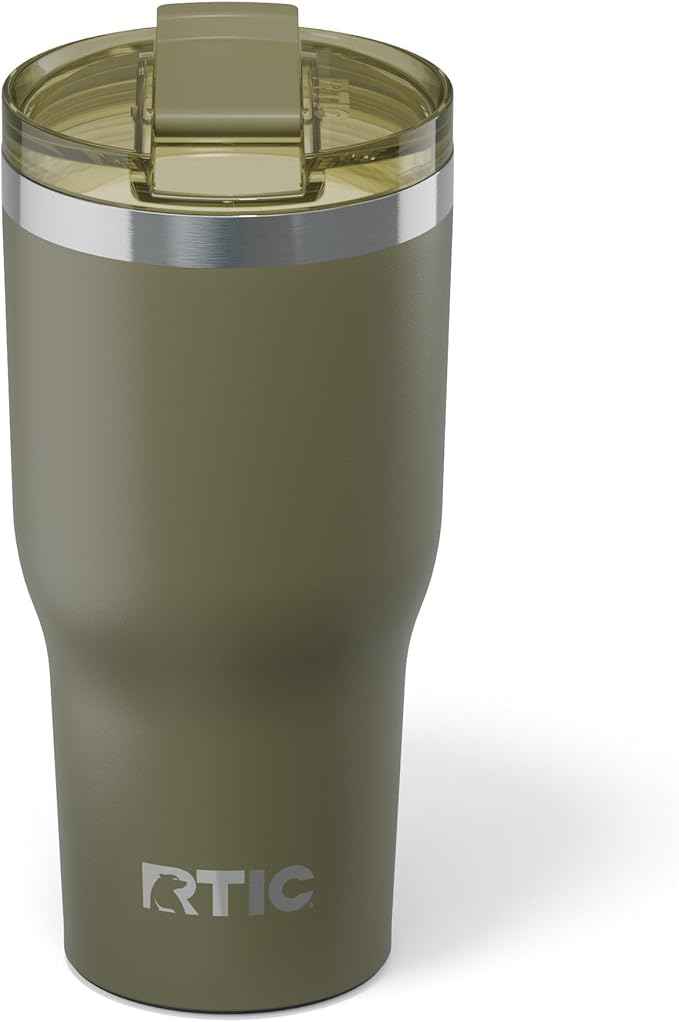 RTIC 30oz Essential Tumbler with Lid, Ceramic Lined, Insulated, Stainless Steel, Metal, Double Wall Vacuum-Insulation, Travel Cup for Iced Coffee, Tea, Hot and Cold Drink, Olive