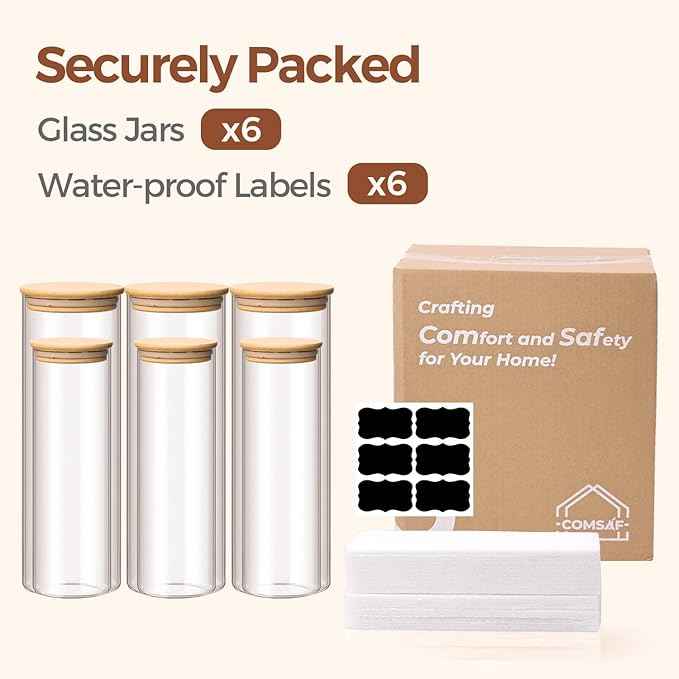 ComSaf Glass Food Storage Jars Set of 6, Tall Glass Storage Containers with Lids, Spaghetti Jar, Canisters Set for the kitchen, Pasta, Flour, Nuts, Oat, Coffee and Sugar Container, Pantry Organization