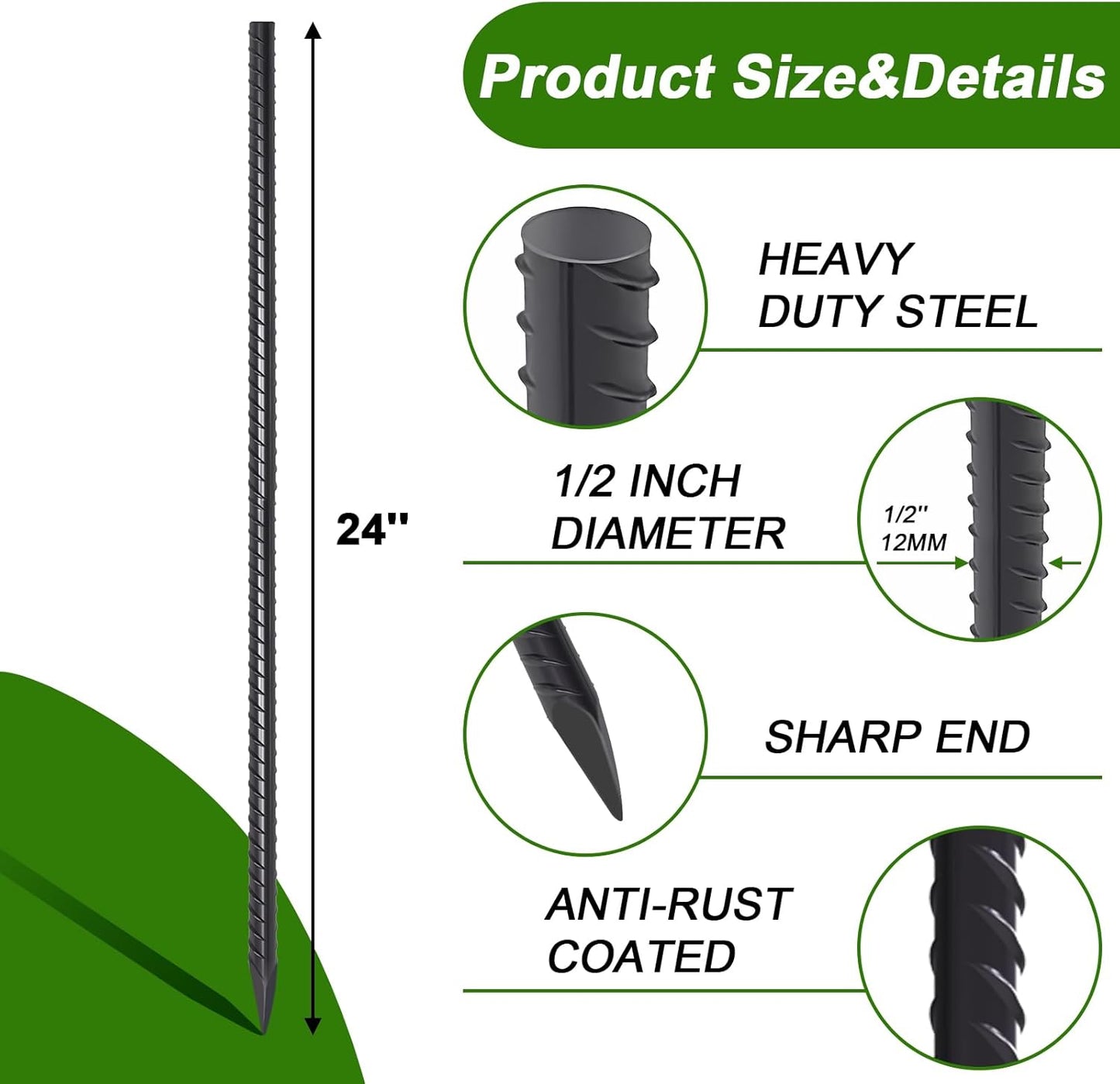 AAGUT Rebar Stakes 24 Inch 10 Pcs Landscape Timber Spikes 1/2", Heavy Duty Straight Garden Plant Stakes for Concrete Forming, Ground Anchors with Chisel Point End, Black