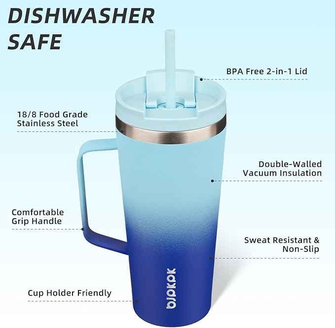 BJPKPK Insulated Tumbler with Handle, 22oz Insulated Tumblers with Lid and Straw, Stainless Steel Metal Water Bottles, Coffee Travel Mugs, Cups, Sky
