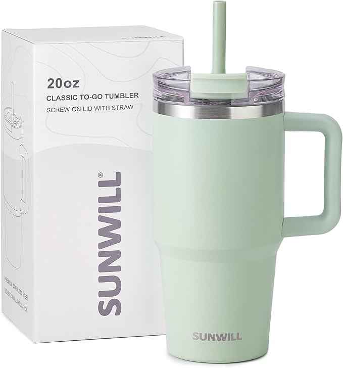 SUNWILL Travel Coffee Mug with Lid, 20 oz Tumbler with Handle and Straw Leak Proof, Stainless Steel Cup Insulated for Office & Gym, Cupholder Friendly, Powder Coated Matcha Cream
