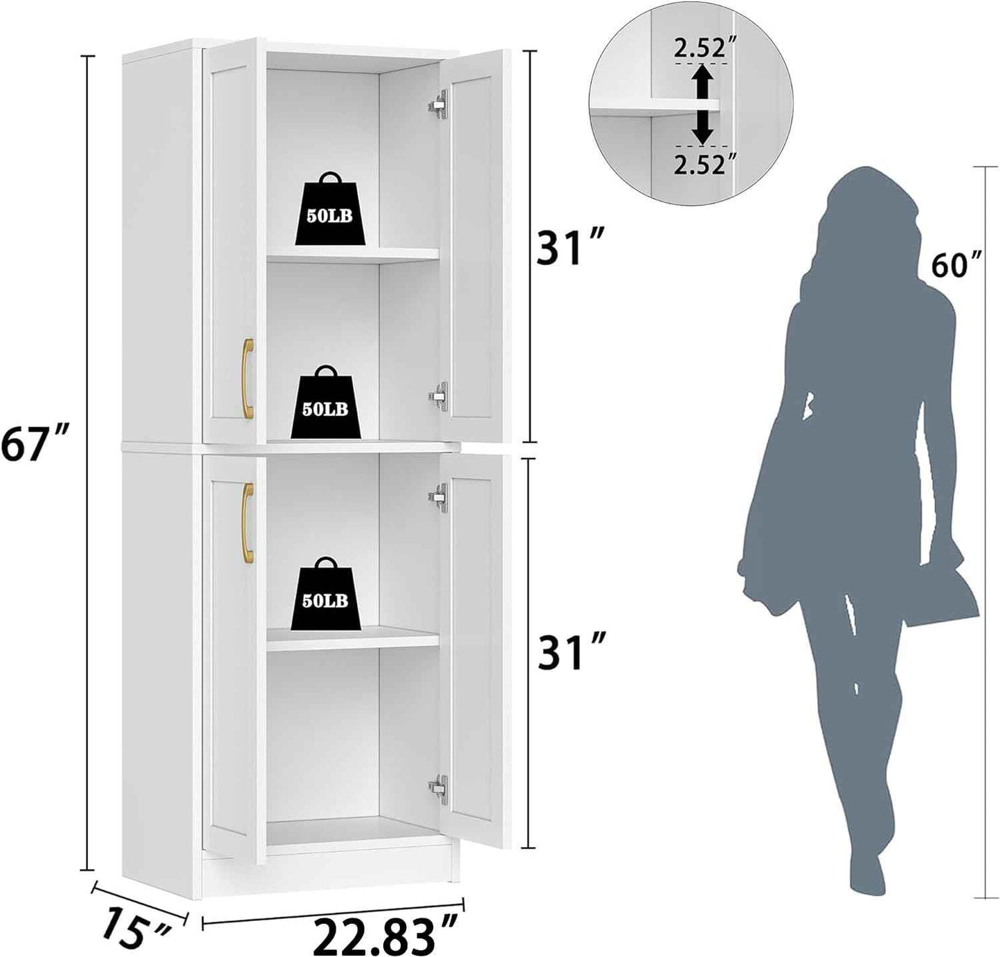 Pantry - Kitchen Pantry Cabinet with 4 Doors and Adjustable Shelves, Tall Black Cabinet Freestanding Storage Cupboard for Dining Room Living Room, Laundry, Bathroom (White)