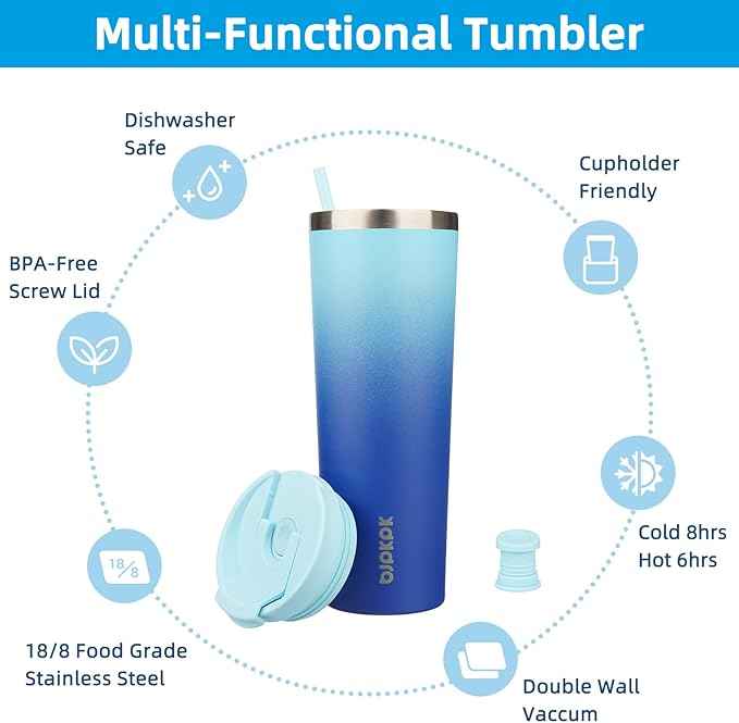 BJPKPK 30oz Insulated Tumbler With lid And Straw Stainless Steel Tumblers Travel Coffee Mug Reusable Thermal Cup,Sky