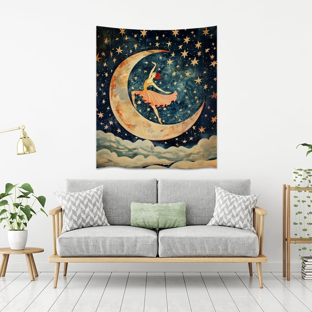 Dancer on the Moon Tapestry Starry Night Sky Art Print Dark Academia Gothic Aesthetic Wall Hanging Stars Moon Clouds Tapestries Whimsical Wall Decor for Nursery Bedroom 30x40inch