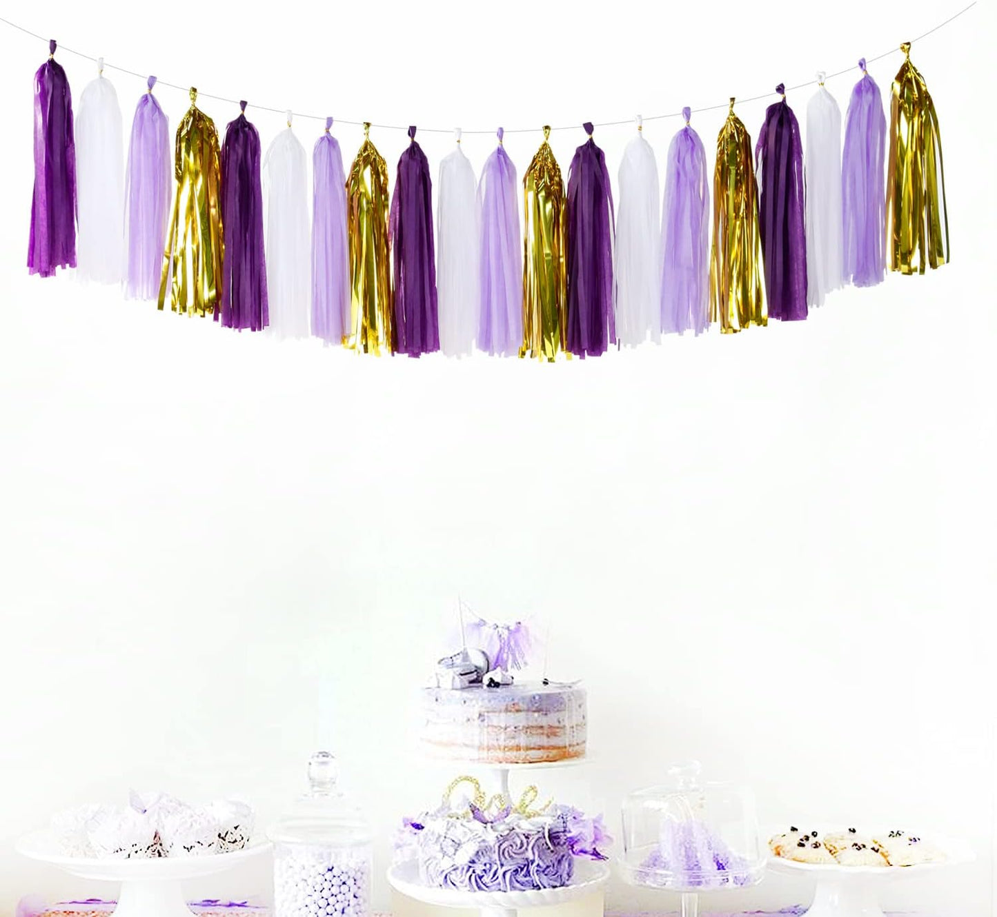 Purple-Gold Party Decoration Tassel Garland - 20pcs Lavender White Gold Birthday Party Supplies Tassels Banner Women Girls Wedding Engagement Bachelorette Graduation Decorations
