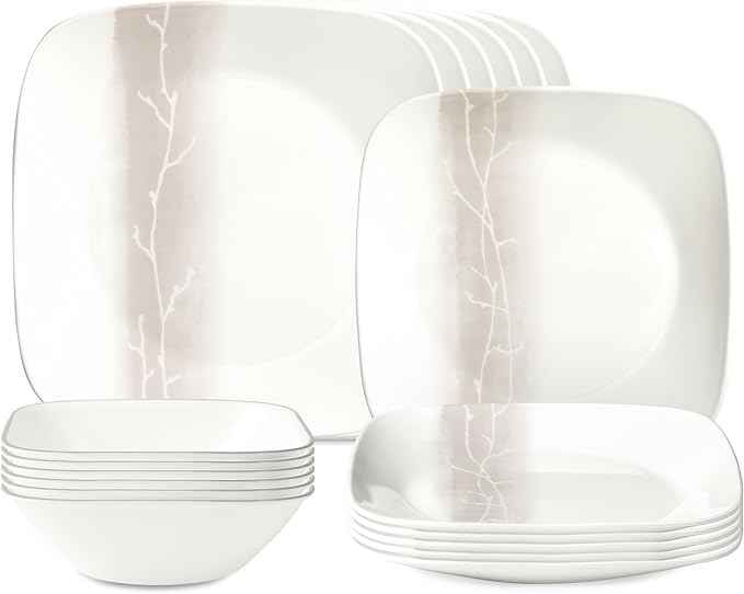 Corelle Vitrelle 18 Piece Glass Dinnerware Sets Rectangular Square Plate and Bowl Set Service for 6, Triple Layer Chip & Crack Resistant Glass Plate and Bowl Sets, Wandering Grove