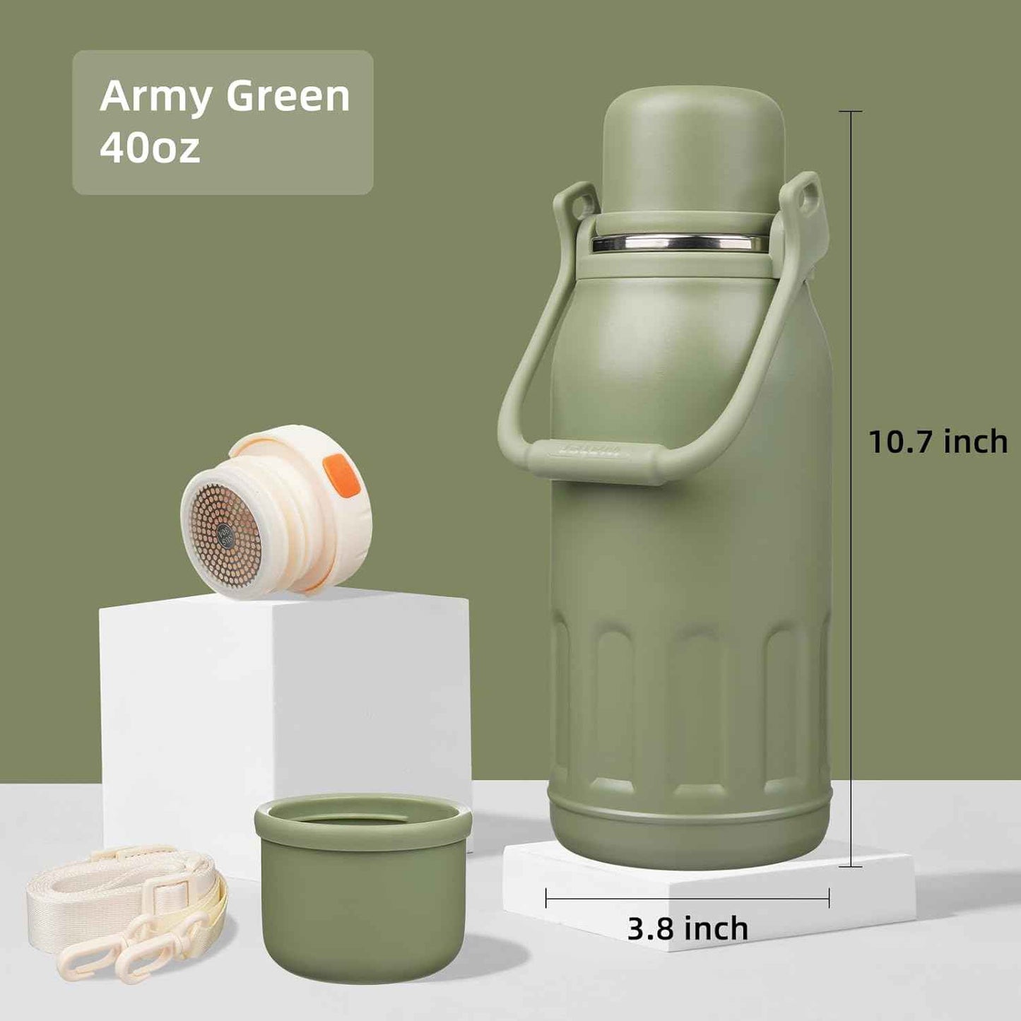 Insulated Water Bottle with Handle and Strap,Vacuum Travel Tumbler with Cup Lid,Thermo Coffee Cup for Hot Cold Drinks 40 OZ,Army Green