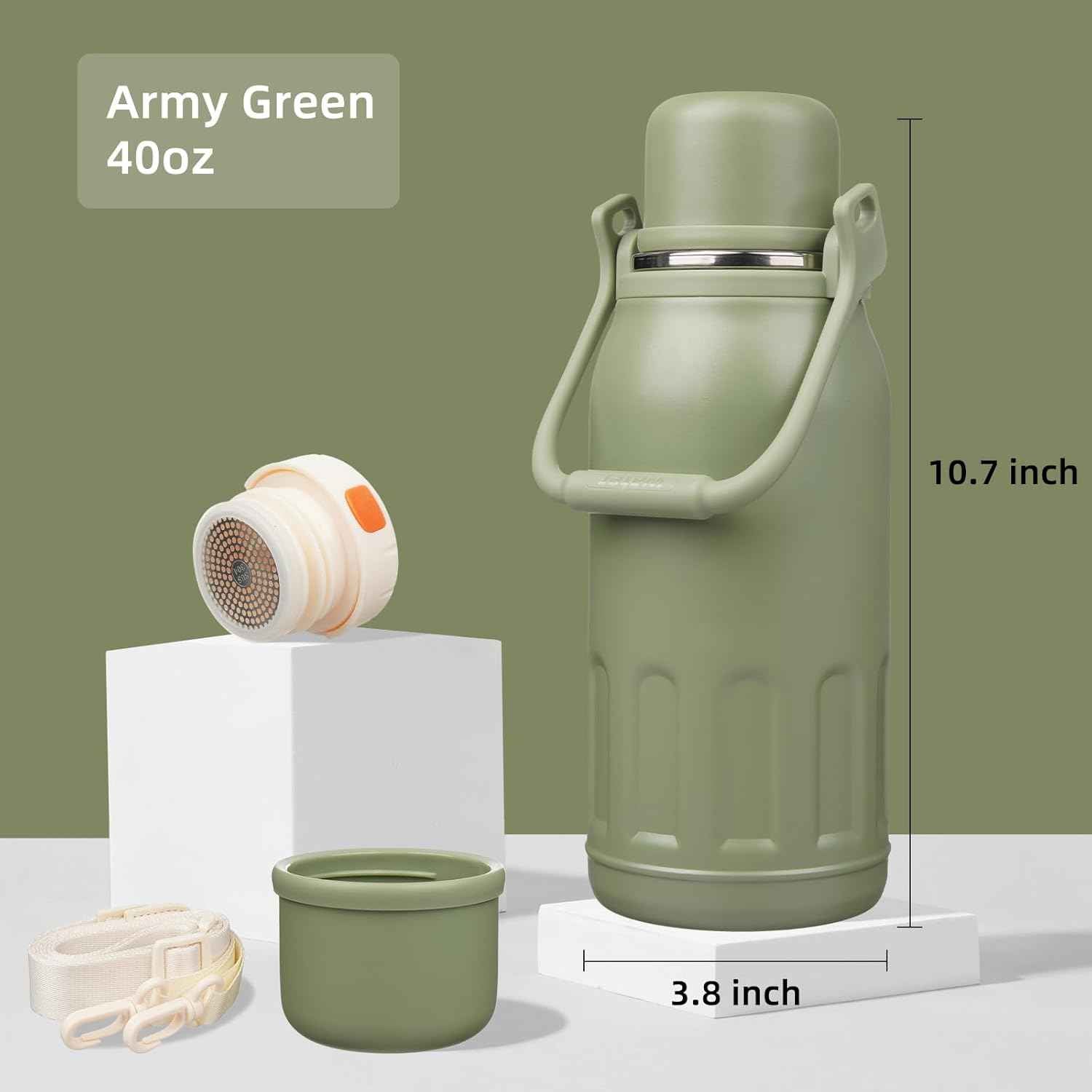 Insulated Water Bottle with Handle and Strap,Vacuum Travel Tumbler with Cup Lid,Thermo Coffee Cup for Hot Cold Drinks 40 OZ,Army Green
