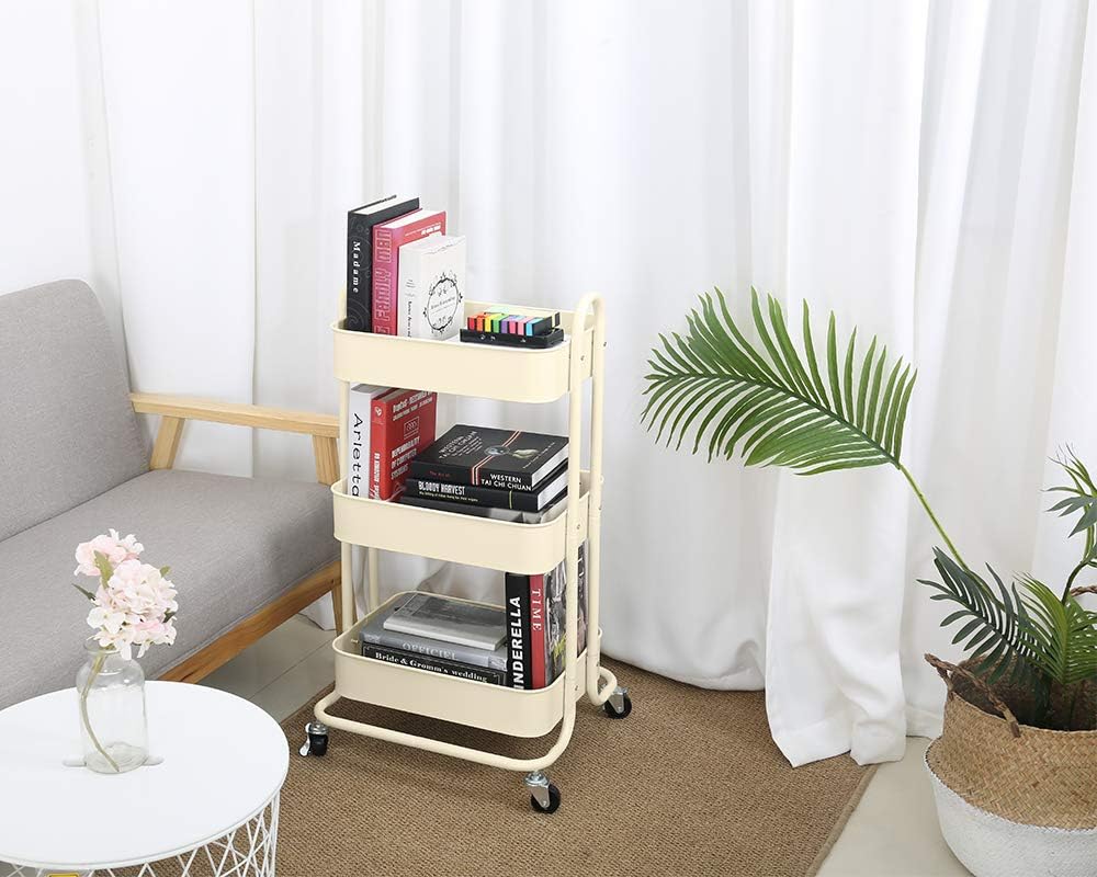 Melody House 3-Tier Metal Mesh Utility Rolling Cart Storage Organization Cart with Wheels, Beige