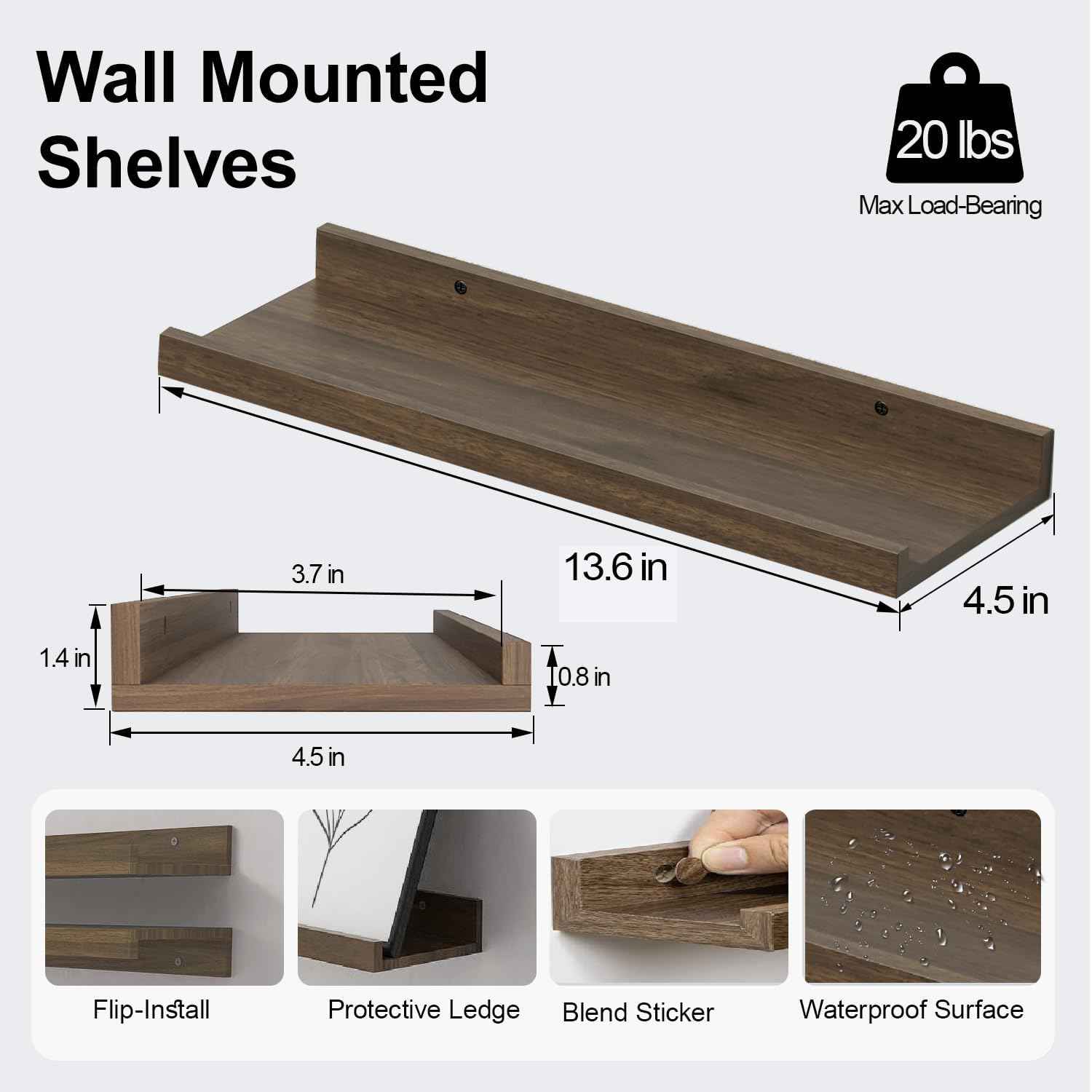 Floating Shelves for Wall Decor, Wall Mounted Wood Storage Shelf for Bedroom, Living Room, Bathroom, Kitchen, Nursery, Display Picture Ledge Shelf with Lip Set of 2-14 Inches, Walnut
