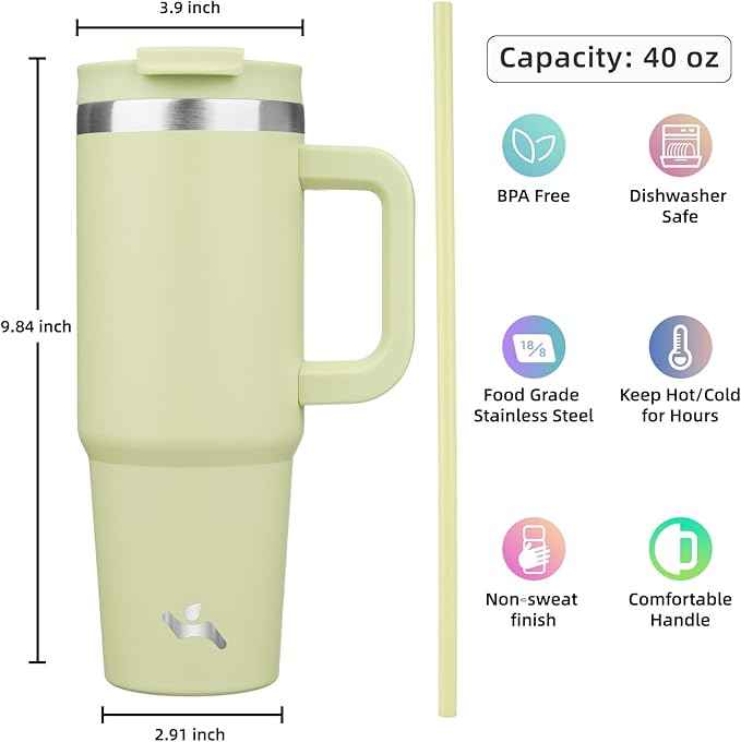 Konokyo 40 oz Tumbler with Handle and 2 Straws,2 in 1 Lid Insulated Water Bottle Stainless Steel Travel Coffee Mug,Macaron Green