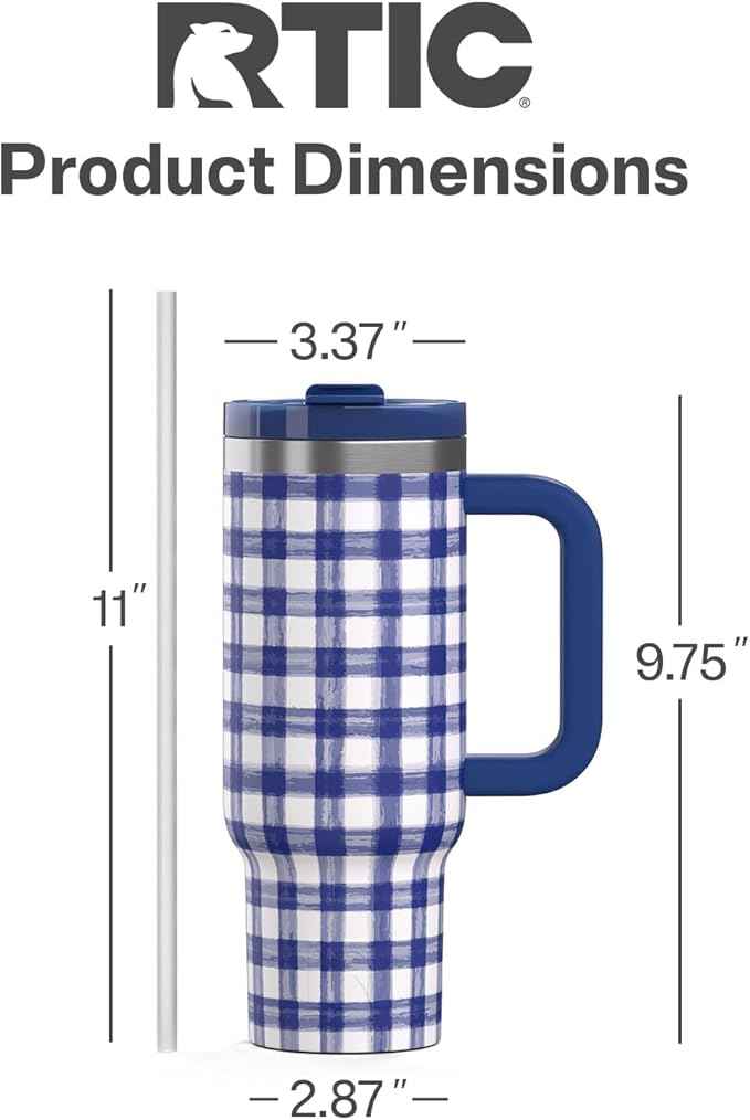 RTIC 30 oz Road Trip Tumbler Double-Walled Ceramic Lined InsulatedStainless Steel Portable Travel Coffee Mug Cup with Lid, Handle and Straw, Cobalt Gingham