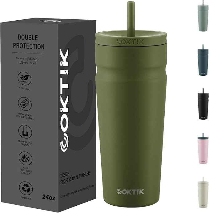 COKTIK 24oz Insulated Tumbler with Lid and Straw Iced Coffee Cup Reusable Stainless Steel Travel Mug Water Bottle Cupholder Friendly for Women Men Her Him (Olive)