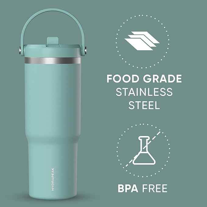 Hydrapeak Nomad 32 oz Tumbler with Handle and Straw Lid, Leakproof, Double Insulated, 32oz Cup Stainless Steel (Pale Sage)