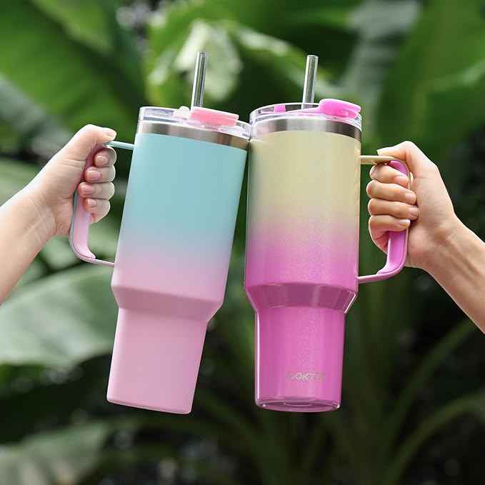 COKTIK 40 oz Tumbler With Handle and Straw, Insulated Tumbler With Leakproof Lids, Stainless Steel|BPA-Free, Cold for 24 H (Glitter Rainbow)