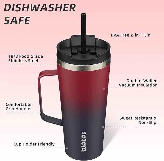 BJPKPK Insulated Tumbler with Handle, 22oz Insulated Tumblers with Lid and Straw, Stainless Steel Metal Water Bottles, Coffee Travel Mugs, Cups, Charming Red