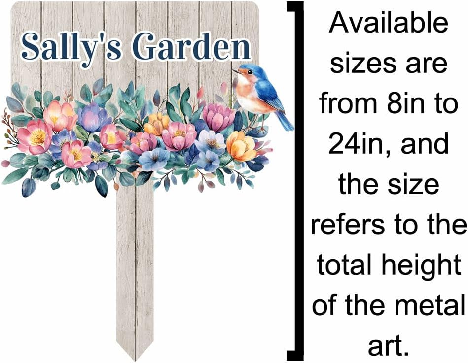 Custom Colorful Flowers Bird Garden Name Sign with Stake, Personalized Bird Flowers Garden Stake Metal Garden Sign, Customized Patio Lawn Garden Outdoor Décor Yard Sign Bird Garden Stake