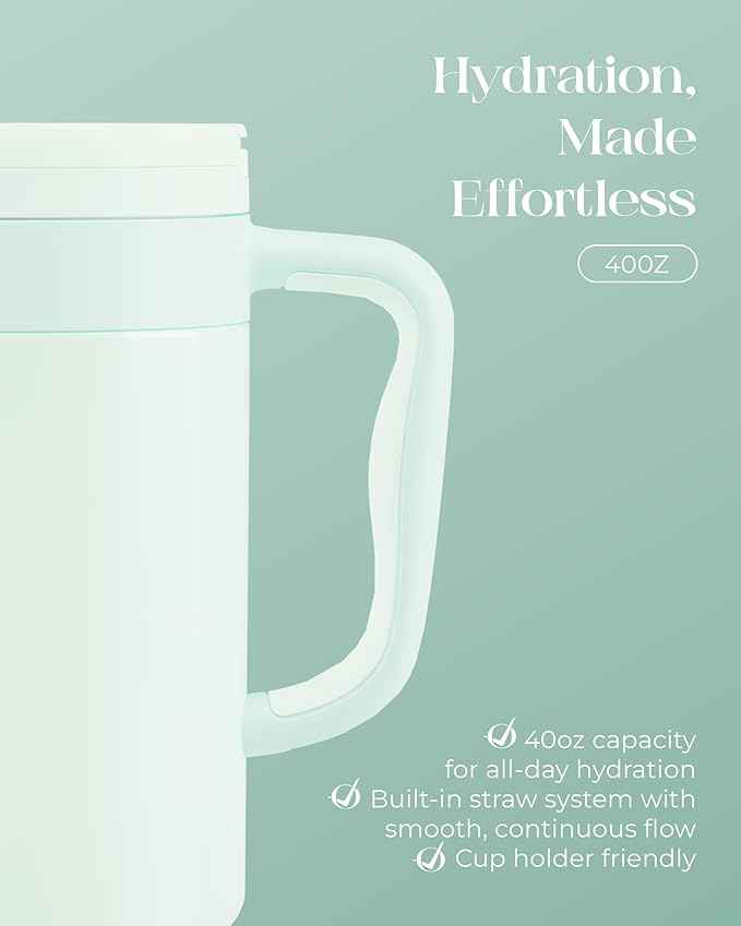 40 oz Insulated Tumbler with Handle and Push-Button Straw Lid, Stainless Steel Travel Cup for Gym Office, Leakproof, BPA-Free, Cup Holder Friendly, Bow Silicone Boot, Green (Morning Mist)