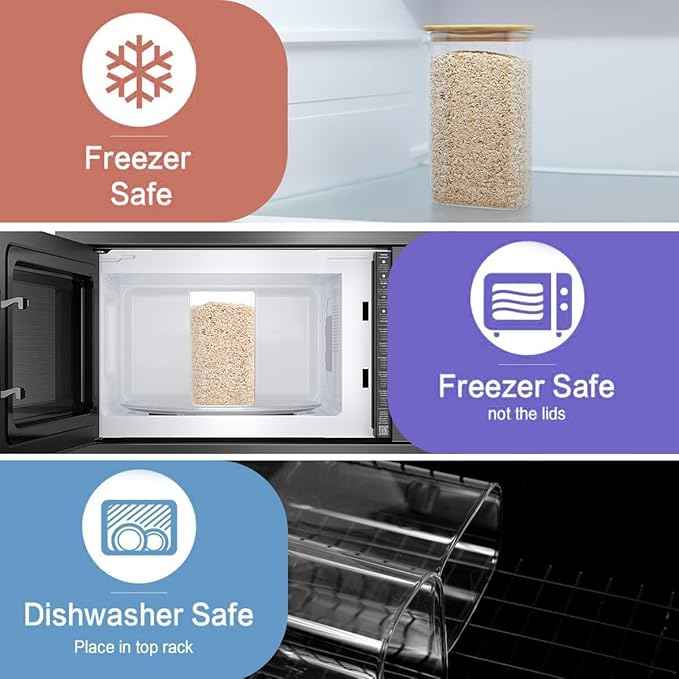 3 Pack Square Glass Pantry Storage Containers with 132 Kitchen Food Pantry Labels - 51 floz Clear Glass Pantry Jars with Airtight Wood Bamboo Lids - Glass Canisters for Candy, Cereal, Coffee, Spice