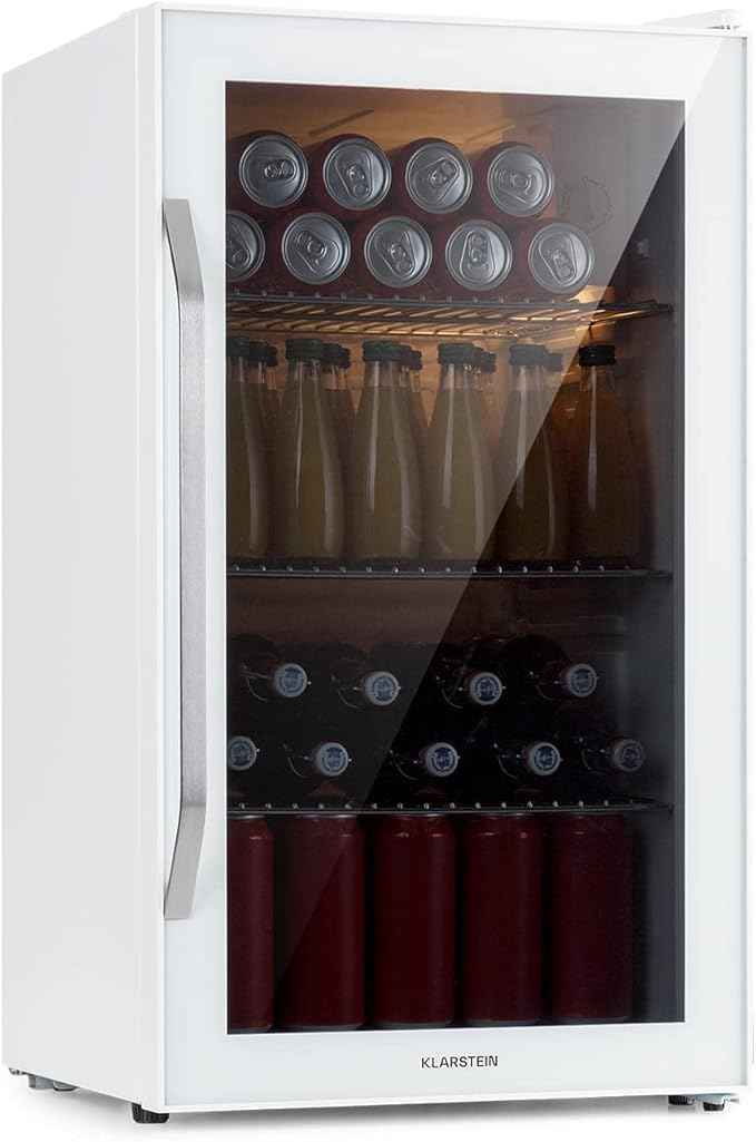 Klarstein Mini Fridge with Glass Door, for Room, Beverage Refrigerator with Adjustable Shelves, Small Fridge 80 Litres, Indoor/Outdoor, Silent