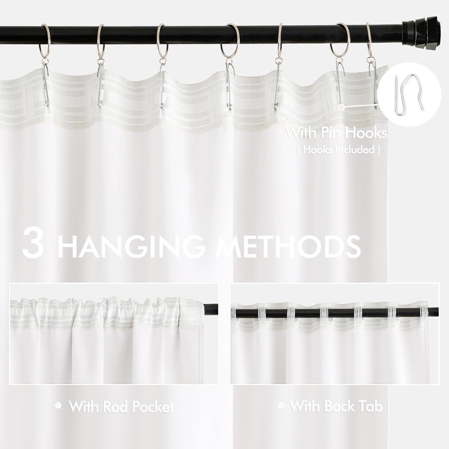 MIULEE Pure White Back Tab Blackout Curtain 96 Inch Long 2 Panels Set for Bedroom, Rod Pocket/Pinch Pleat Thermal Insulated Living Room Darkening Pleated Light Blocking Floor to Ceiling Drape