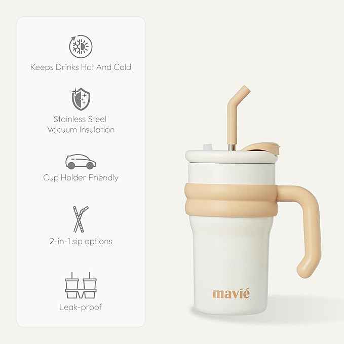 17oz Tumbler With Handle & Metal Straw + Silicone Cover & Sip Spout, Double Insulated Stainless Steel Water Bottle With Rubber Base, Leakproof, Cup Holder Friendly Travel Coffee Mug (Beige)