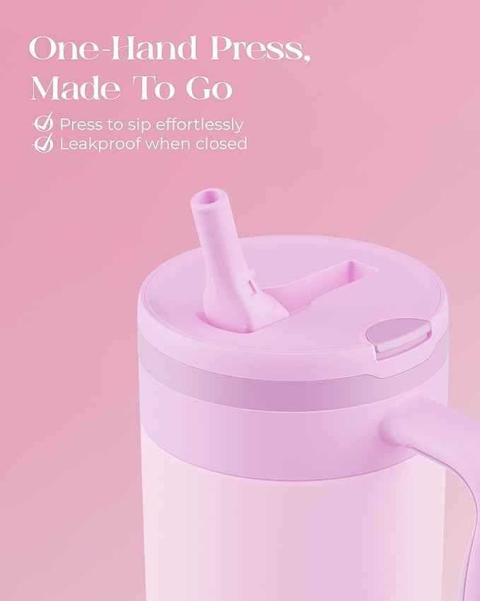 40 oz Insulated Tumbler with Handle and Push-Button Straw Lid, Stainless Steel Travel Cup for Gym Office, Leakproof, BPA-Free, Cup Holder Friendly, Bow Silicone Boot, Purple (Light Lilac)
