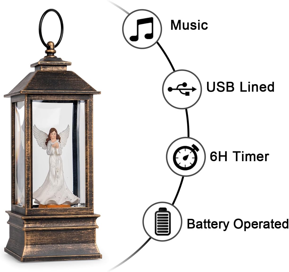 10'' Musical Snow Globe Lantern Lighted Angel with Dove Water Lantern Swirling Glittering Home Decoration and Gift, Battery Operated or USB Powered