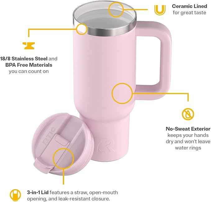 RTIC 30 oz Road Trip Tumbler Double-Walled Ceramic Lined InsulatedStainless Steel Portable Travel Coffee Mug Cup with Lid, Handle and Straw, Pale Pink