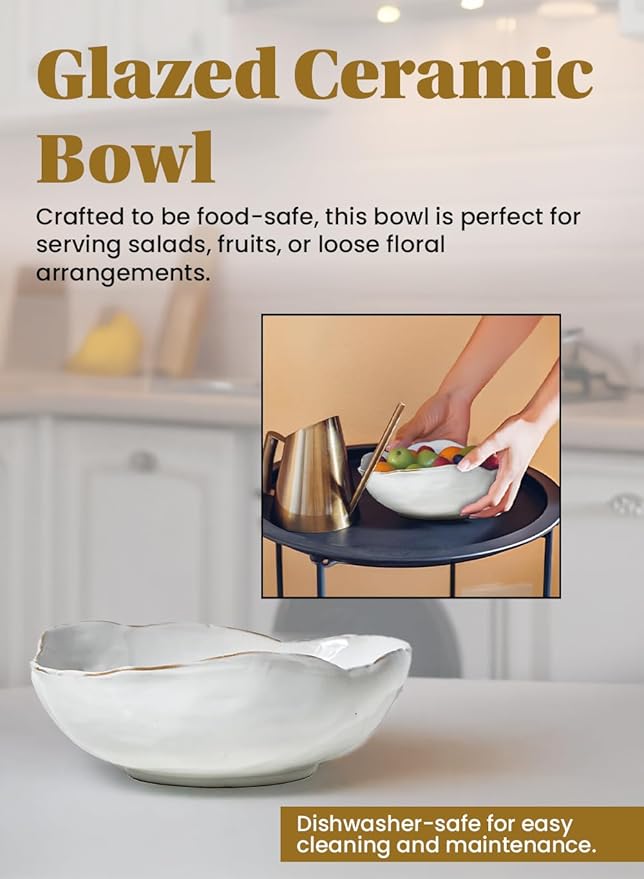 Serene Spaces Living Free-Form Glazed Ceramic Bowl – Mother's Day Centerpiece Gift, Decorative Bowl for Dining Table, Mantel & Shelf, 10.5" Diameter