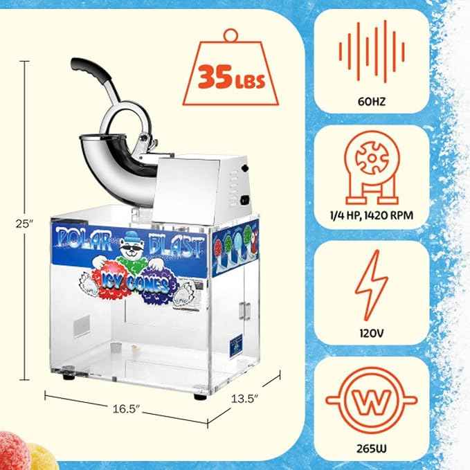 Polar Blast Snow Cone Machine - Acrylic Crushed Ice Maker Grinds Up to 500lbs of Ice Per Hour for Parties, Events, and More by Great Northern Popcorn