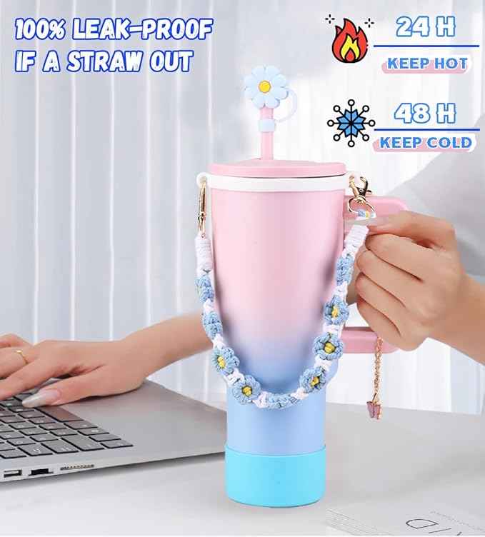 40 oz Tumbler with Handle and Straw & 6PCS Cup Accessories for 40 oz Cup - Vacuum Insulated Stainless Steel Double Wall Water Bottle Travel Coffee Mug - Holiday Gifts for Women Men (Bubble)