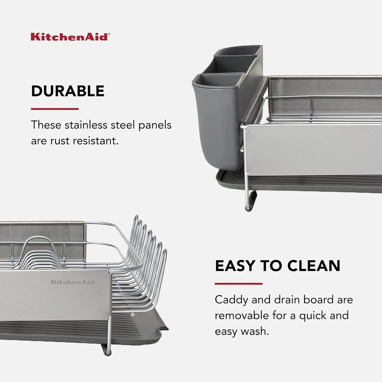 KitchenAid Large Capacity, Fully Size Self Draining Rust Resistatant Satin Coated Dish Rack with Removable Flatware Caddy 20.47-Inch, Gray