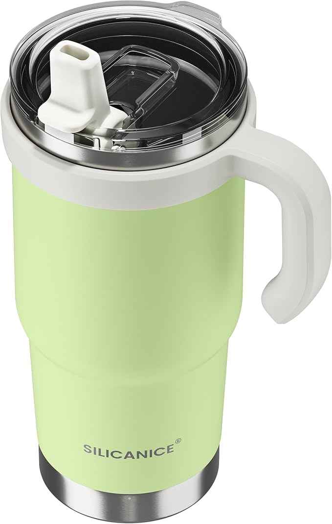 24oz Hygienic Insulated Tumbler with Handle —100% Leakproof Lid with Removable Spout & Straw, Reinforced Vacuum-Protection Base, Cup Holder Friendly, for Travel,Office & School-Key Lime