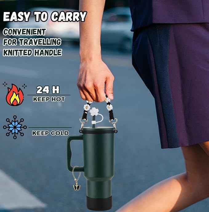 40 oz Tumbler with Handle and Straw & 6PCS Cup Accessories for 40 oz Cup - Vacuum Insulated Stainless Steel Double Wall Water Bottle Travel Coffee Mug - Holiday Gifts for Women Men (Forest)