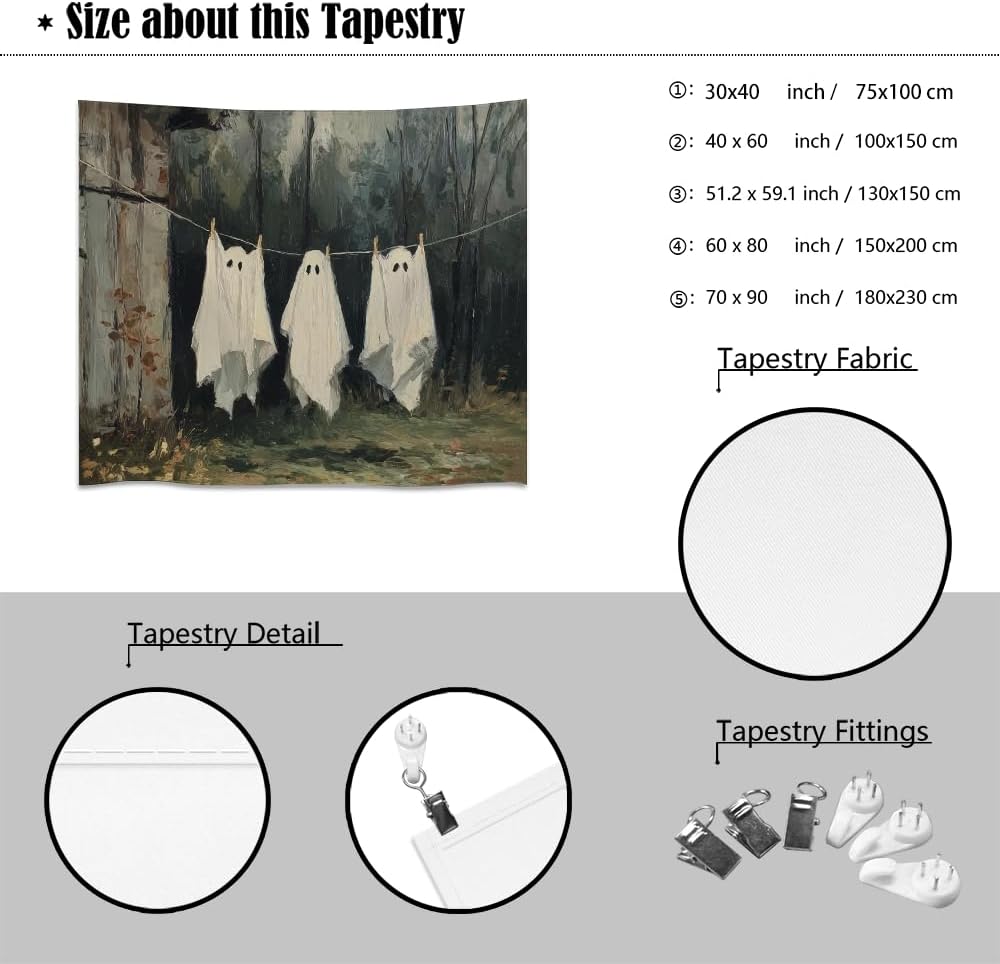 Vintage Halloween Tapestry Funny Ghosts on Clothesline Tapestry Wall Hanging Farmhouse Gothic Room Decor Spooky Ghost Prints for Dark Academia Halloween Party House Decoration Tapestries 60x80inch